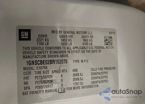 2011 Chevrolet Tahoe Lt из США, поврежденный, VIN 1GNSCBE02BR152078